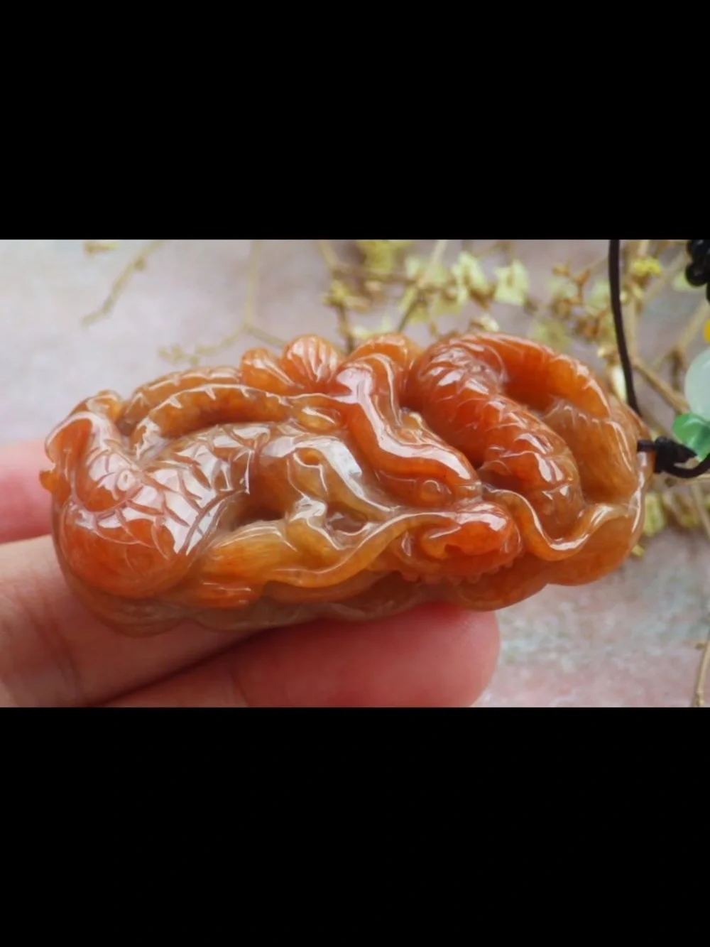 Certificate Jadeite Jade Red orange Wealth Dragon Lotus pendant